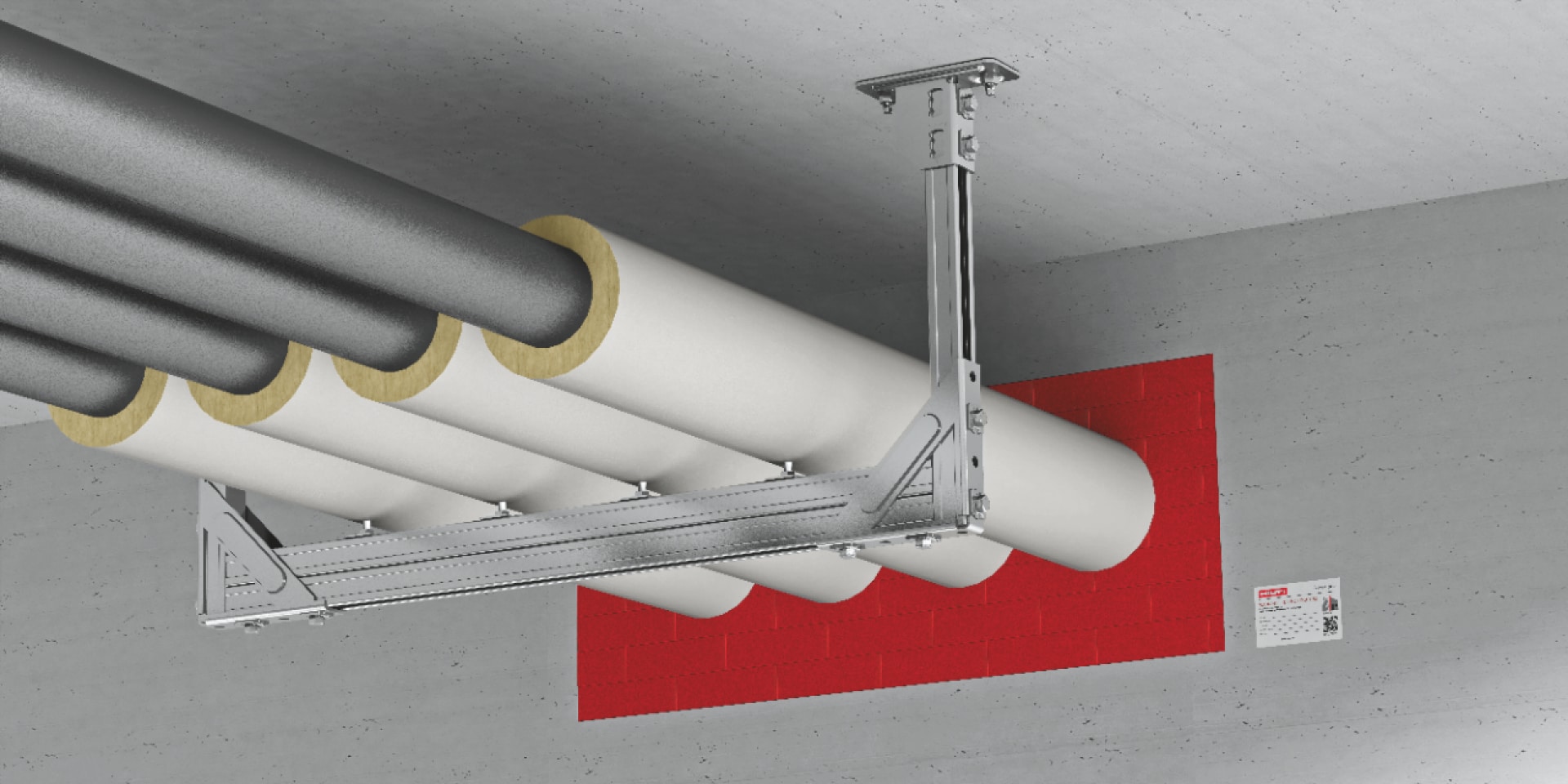 Mechanical, electrical and plumbing systems installed in the same strut trapeze structure, thanks to BIM tech integration in construction