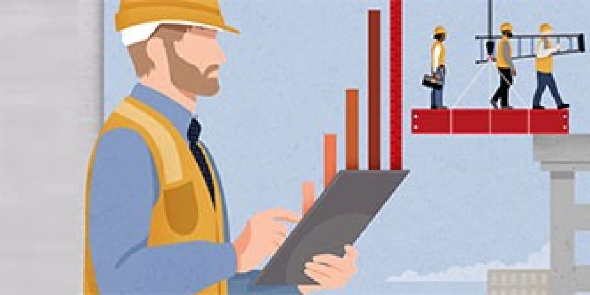 illustration d'un chef de chantier avec une tablette et des ouvriers en arrière plan
