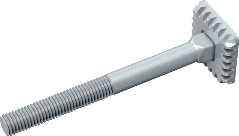 Tornillo MIA-EH Tornillo galvanizado en caliente (HDG) con placa dentada integrada que facilita la fijación y el ajuste con una sola mano de los conectores MI y MIQ