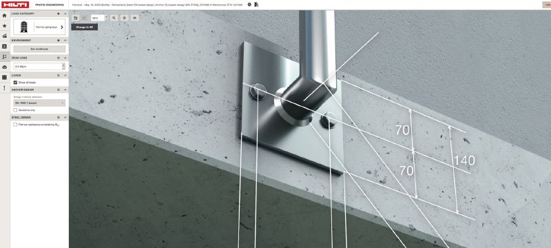 Software de diseño de conexiones PROFIS Engineering Suite Software de ingeniería PROFIS basado en la nube para diseñar conexiones de Hormigón a acero secundario y de Hormigón a Hormigón de acuerdo con una amplia gama de códigos y aprobaciones Aplicaciones 1